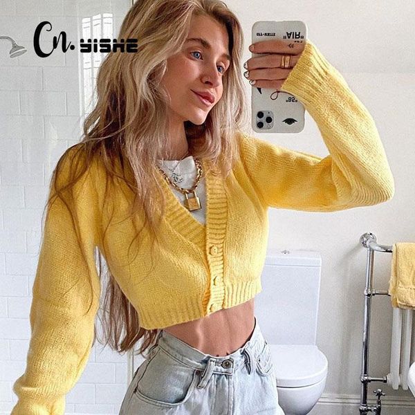 

women's knits & tees cnyishe winter sweaters women elegant neon knit button cropped cardigans casual v neck streetwear warm sweater fem, White