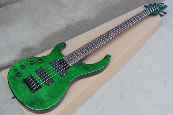 Grüner E-Bass mit 5 Saiten, grünem Korpus für Linkshänder, schwarzer Hardware, 2 Tonabnehmern, individuell anpassbar