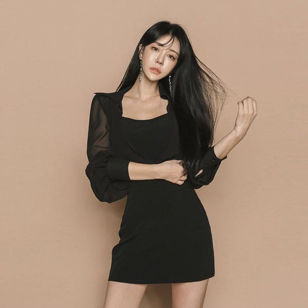 

casual dresses 2021 spring korean style slim black dress ladies chiffon patchwork a line women solid mini club wear for, Black;gray