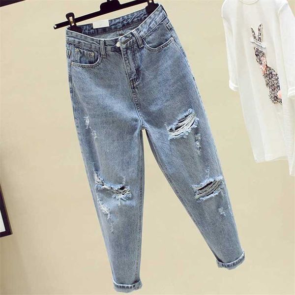

ailegogo summer women washed loose denim jeans pants straight ankle length female tassel hole high waist trousers 210927, Blue