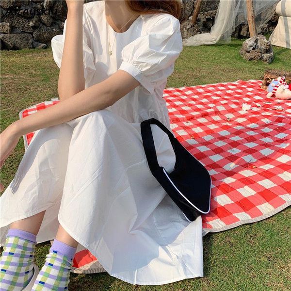 

dresses women solid female pink summer puff sleeve leisure harajuku street bf style o-neck stylish folds casual, Black;gray