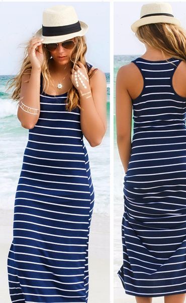 

lady women dresses womens hobo stripe summer beach dress long maxi vest sundress 3 colors drop, Black;gray