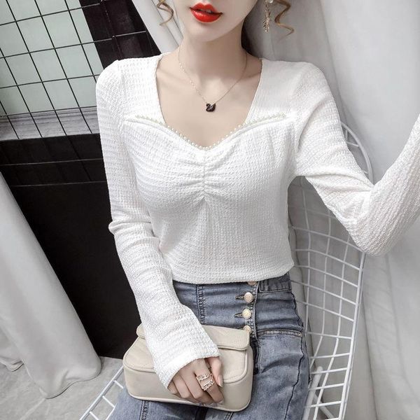 

women's blouses & shirts fall 2021 french niche square collar pearl folds slim slimming long-sleeved bottoming shirt women, White