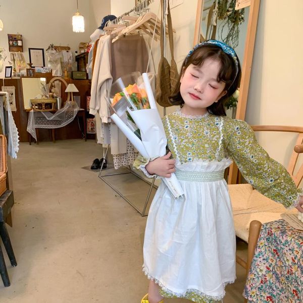 

girl's dresses spring 2021 girls baby long puff sleeve retro hand-stitched embroidered detachable apron shredded flower dress two-piece, Red;yellow
