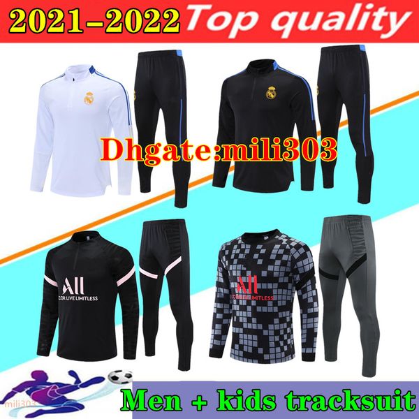 

2021 2022 real madrid men tracksuit survetement foot chandal 21 22 messi mbappe enzema kids football sportswear soccer training suit jogging, Black
