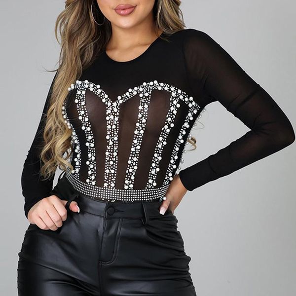 

women's jumpsuits & rompers spring slim women bodysuit 2021 elegant office lady beading see through mesh patchwork jumpsuit body suit, Black;white
