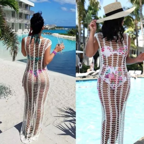

bkning crochet beach dress womens bathing suit cover up long split hollow out see through bikini swimsuit dress beachwear