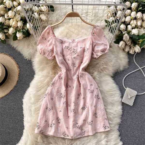 

summer women short dress elegant korean fashion v-neck floral print high street a-line casual sweet ladies robe femme 210603, Black;gray