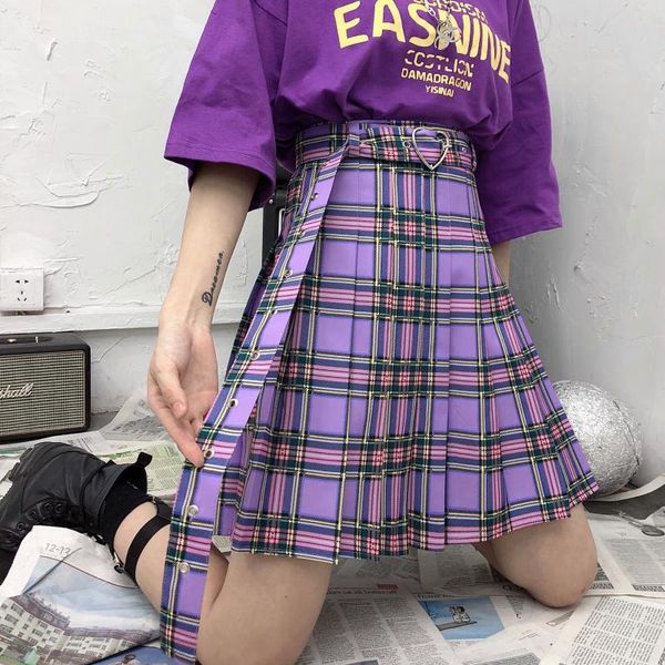 

skirts summer 2021 purple lattice faldas ladies mini high waist pleated belt skirt mujer plus size female saia feminina, Black