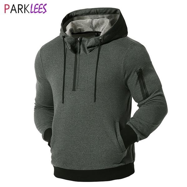

men's 1/4 zipper patchwork hooded sweatshirt autumn mens hoodies sweatshirts sweat homme hip hop casual male tracksuit 210522, Black