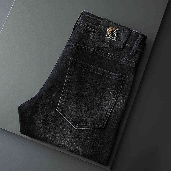 

jeans autumn men's slim fit little feet international special korean embroidery mix and match fashion brand, Blue