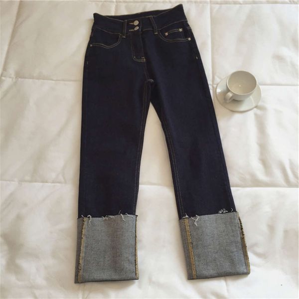 

autumn fashion wash fading flanging splicing dark blue tube women's casual pants