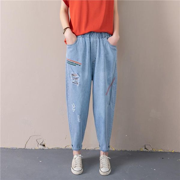 

women's jeans women summer high-waist denim pants ankle-length thin solid color elastic waist female trousers casual harem, Blue