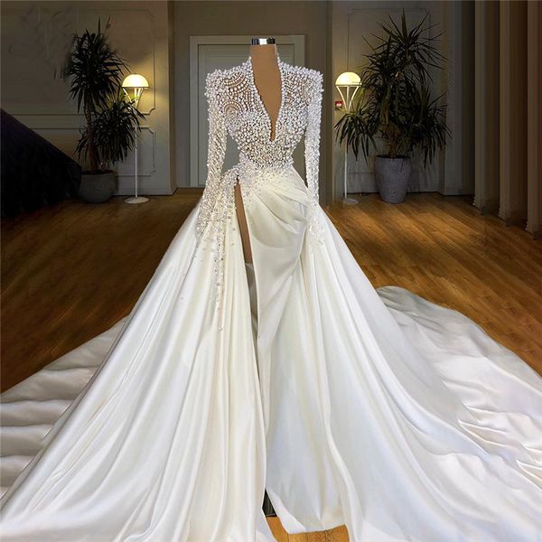 

luxury heavy beaded pearls wedding dress mermaid illusion v neck long sleeve bridal gowns sweep train muslim dubai wedding gown high couture, White