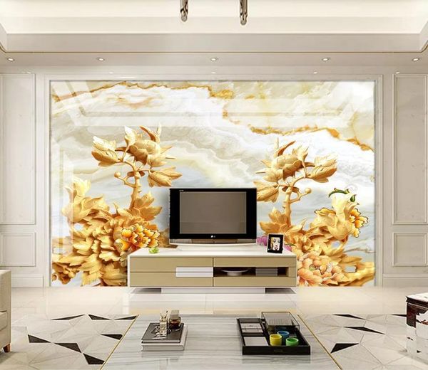 

wallpapers 3d wallpaper marble stone peony wood carving po wall murals living room restaurant creative home decor mural