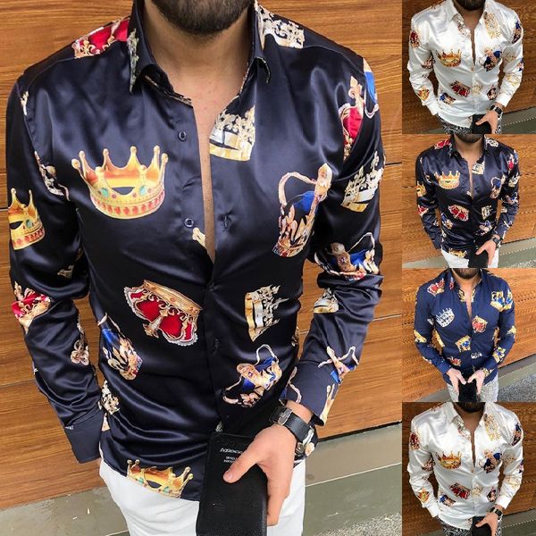 Coroa de luxo impressa camisa homens outono manga longa slim casual streetwear partido social roupas camisa masculina