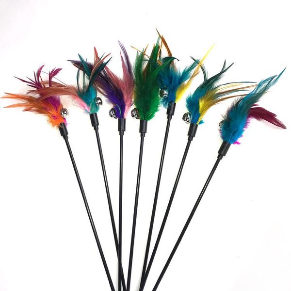 

10pcs/lot cat toys make a stick feather with small bell natural like birds random color black coloured pole