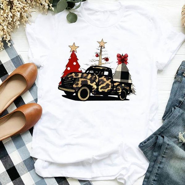 

christmas plaid tree truck print men and women short sleeve o neck loose summer tee camisetas mujer, White;black