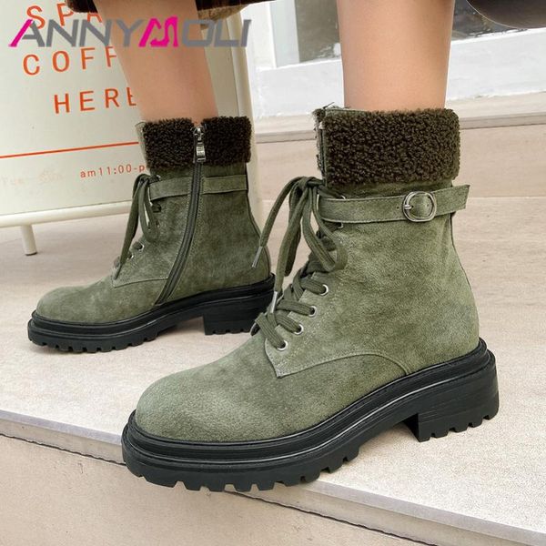 

boots annymoli real leather cow suede platform mid heel ankle women shoes zip buckle lace up block heels short winter 40, Black