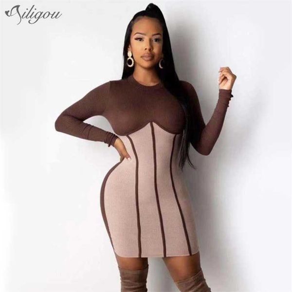 

women's long sleeve round neck patchwork striped mini bodycon bandage dress elegant party vestidos 210525, Black;gray