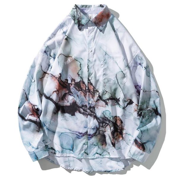 

european american style shirt mens latest autumn winter long-sleeved marble print men's clothing street casual loose shirts, White;black