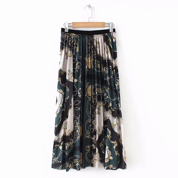 

retro chain printing women skirts casual lady loose pleated fashion elastic waist p661 210430, Black
