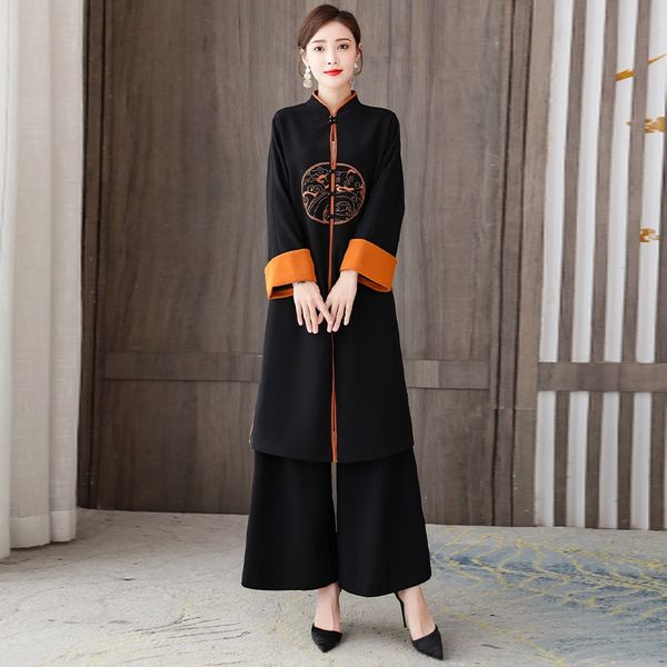 

new national style embroider tang suit wide-leg pants set retro floral long cheongsam trousers women 2 piece set plus size 11748, Red