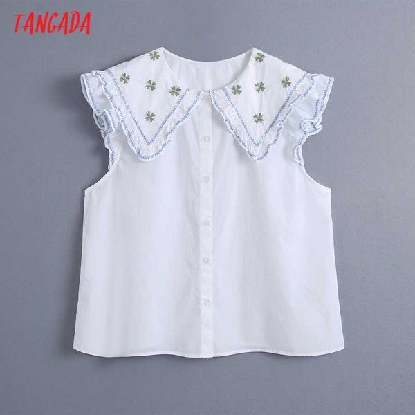 

tangada women retro embroidery oversized collar romantic blouse shirt ruffles summer chic female shirt be13 210609, White