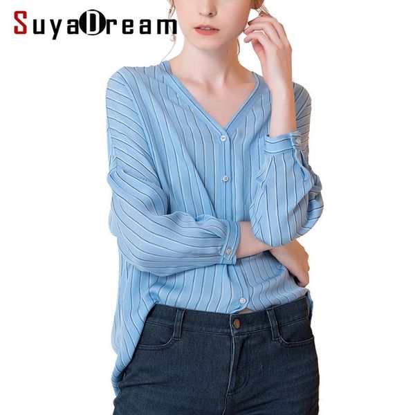 

women's blouses & shirts suyadream women silk blouse 100%silk crepe v neck blue striped long bat sleeved office 2021 autumn loose shirt, White