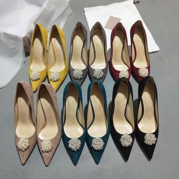 

dress shoes fashion brand women's pumps genuine leather pointed toe shallow real suede high heels, Black