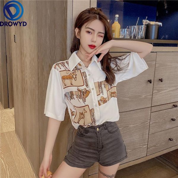

women's blouses & shirts spring summer style chiffon shirt button cartoon printed turn-down collar long sleeve loose casual white