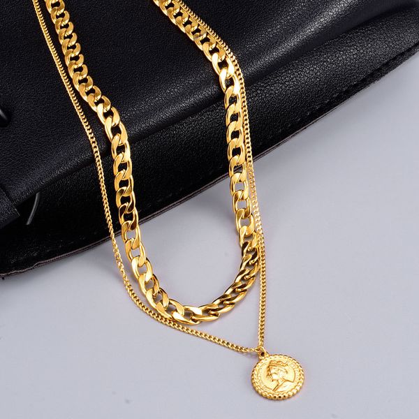 

l274 chain gold coin portrait necklace collarbone neck sleeve titanium steel plated 18k gold, Black