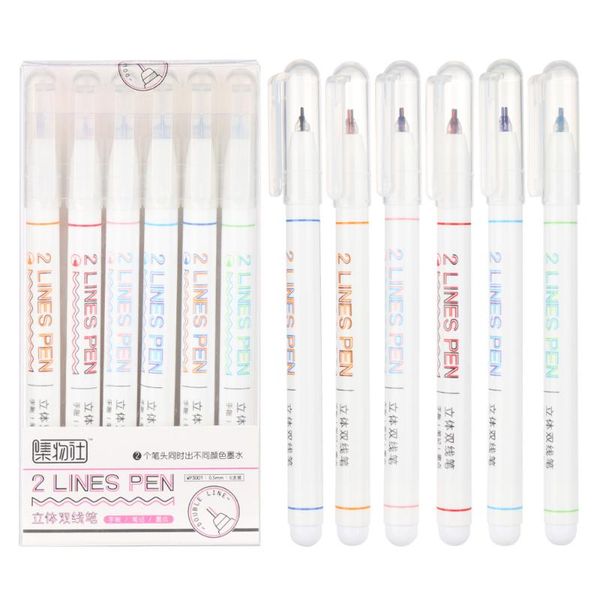 

6pcs/box creative two-color line gel pen art drawing graffiti student reading marker diy diary journal stationery supplies highlighters, Black;red
