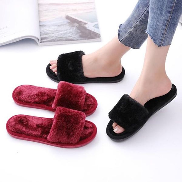 

slippers 2021 autumn winter cotton korean plush solid color soft comfortable flat bottom casual faux fur women, Black
