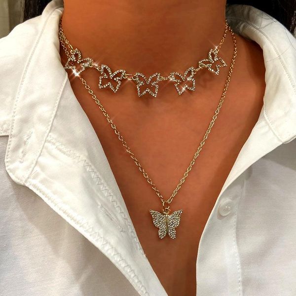 

chains caraquet shine crystal butterfly pendant necklace for women multilayer hollow chain choker necklaces punk jewelry gift, Silver