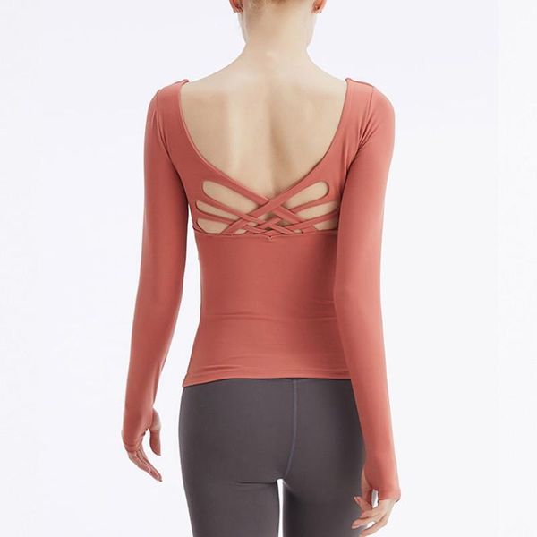 

yoga outfits fitness women shirts long sleeve finger cuff sports padded bra backless cross back gym wear, White;red