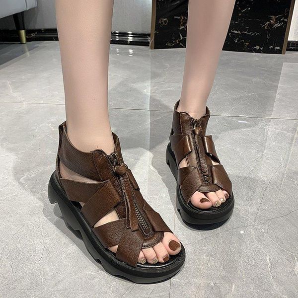 

sandals zipper gladiator women shoes platform wedge summer retro style wear-resistant thick sole mujer, Black