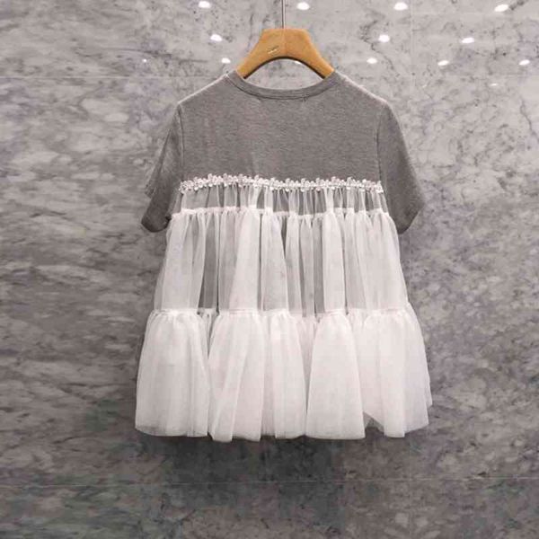 

two pieces mesh lace patchwork o neck t-shirt loose summer women 210421, White
