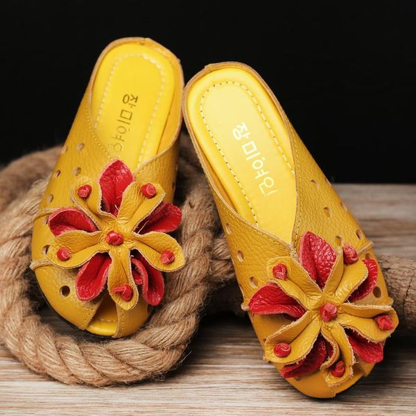 

genuine leather flat shoes flowers retro autumn national style comfortable soft bottom sandals maternity women slippers, Black