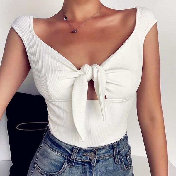 

women's tanks & camis 2021 summer tees sleeveless solid color v neck short shirt chest twist hollow out corset tank ropa mujer, White