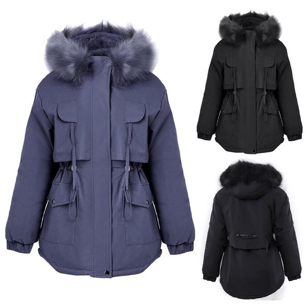 

women's jackets 2021 womens winter warm hooded collar mujer outwear drawstring waist plush thick cotton female coat #t2g, Black;brown