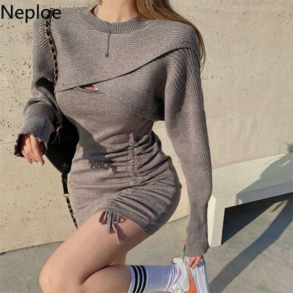 

neploe korean bodycon dress for women knit sweater mini dresses cloak strapless dress two piece vestidos fashion y2k black robe 211206, Black;gray