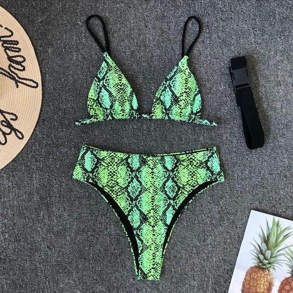 

women summer serpentine printing swimsuit push-up bikini set beachwear mid waist maillot de bain femme one-piece suits