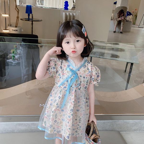 

girls casual dress summer kids princess fashion lace printing short sleeve children vacation clothes girl's dresses, Red;yellow