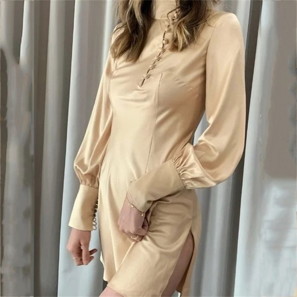 

turtleneck side slit satin party dress for women clothing long sleeve vintage button winter ladies short 210427, Black;gray