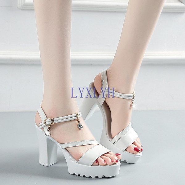 

sandals thick with a word buckle fish mouth solid color female waterproof platform high heel women shoes dress, Black