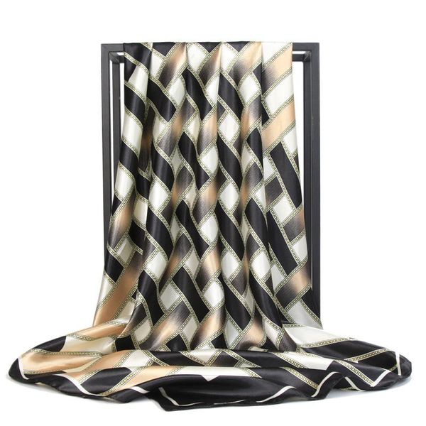 

scarves women plaid silk scarf square satin hijab head bandana shawl ladies neck hair foulard handkerchief 90*90cm, Blue;gray