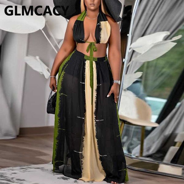 

two piece party dress suits halter bra & casual loose maxi skirt set 210702, White