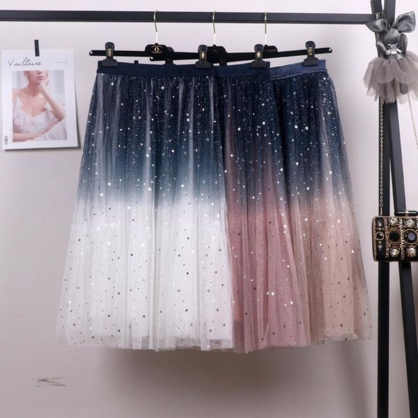 

skirts 2021 arrival bling women tulle skirt korean hit color patchwork summer faldas mujer vintage high waist saias femme, Black
