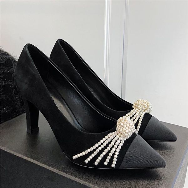 

dress shoes black suede leather women pumps pearl high heels wedding beading zapatos mujer elegant ladies bridal